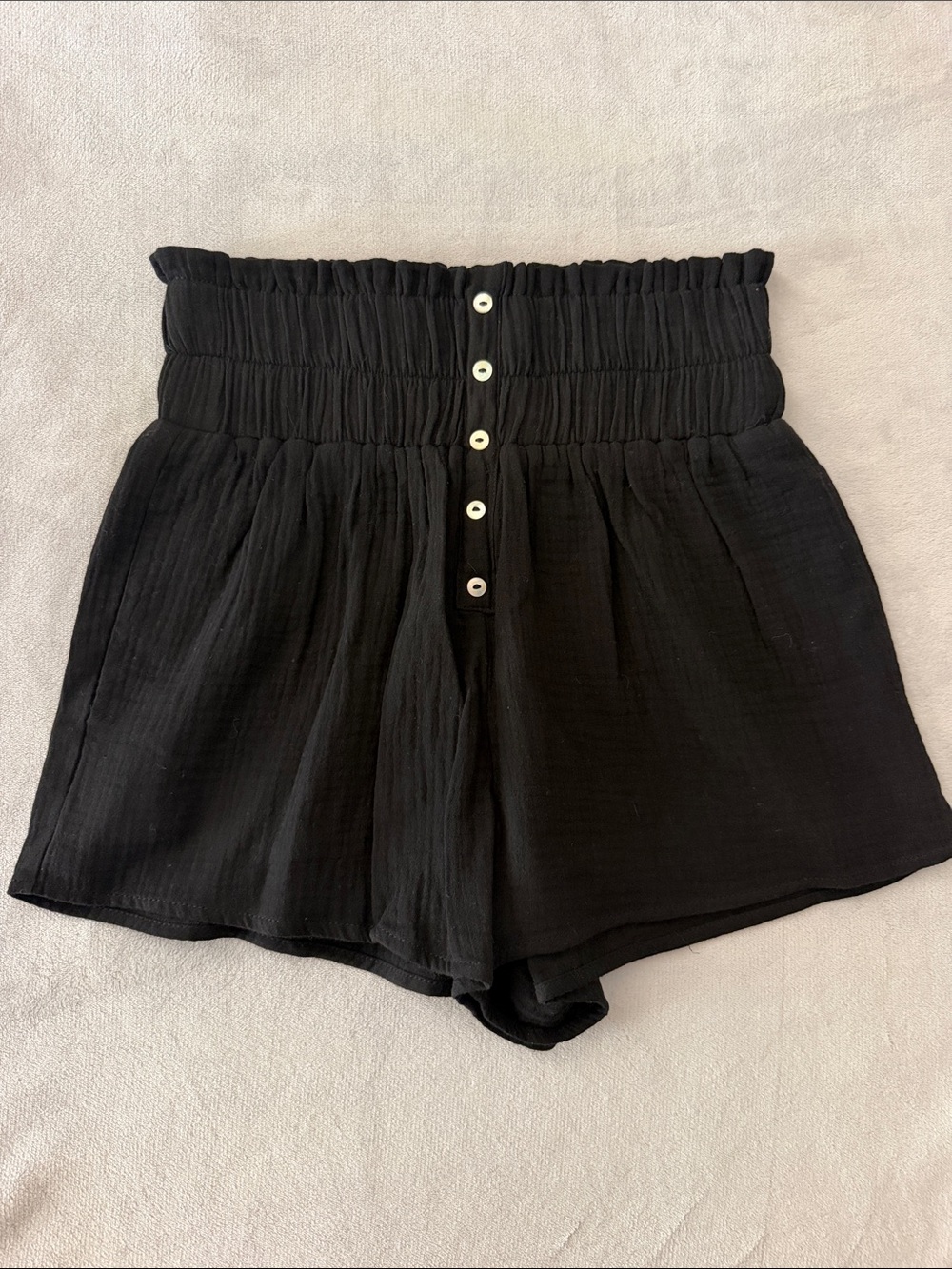 Pink Lily High-Waist Black Smocked Button-Front Women’s Black Shorts- Small